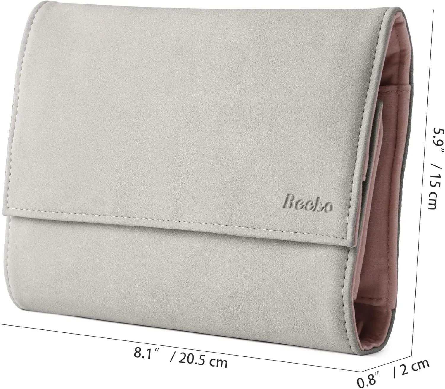 Becko US Jewelry Organizer Roll Travel Jewel Bag case for Multiple Necklaces, Rings, Bracelets, Supple Leather & Suede, Large Capacity Without Crease, Lightweight, Portable & Practical (Gray)