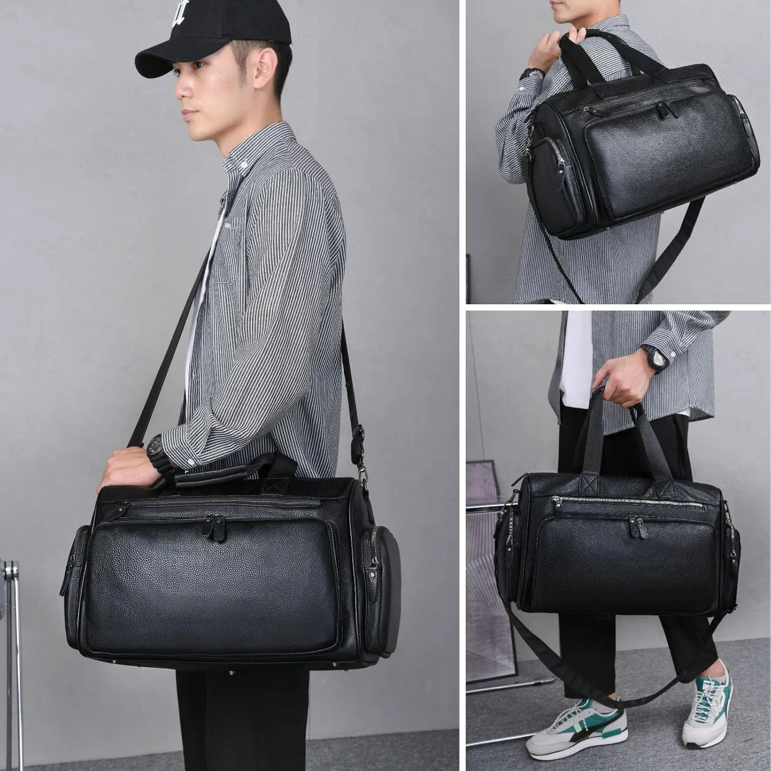 BEITH Cabin Bag 45x30x20, Duffle Bag for Travel, Portable Overnight Bags, Multiple Pockets, PU Leather Holdall Bags for Men, Weekender Bag with Crossbody Strap, Durable