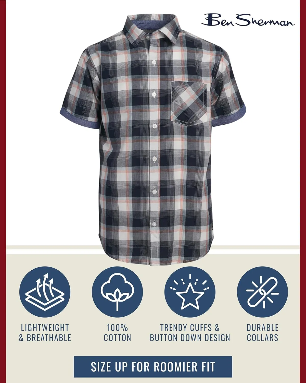 Ben Sherman Boys' Shirt - Short Sleeve Woven Button Down Shirt - Kids' Casual Collared Shirt for Boys (8-18)