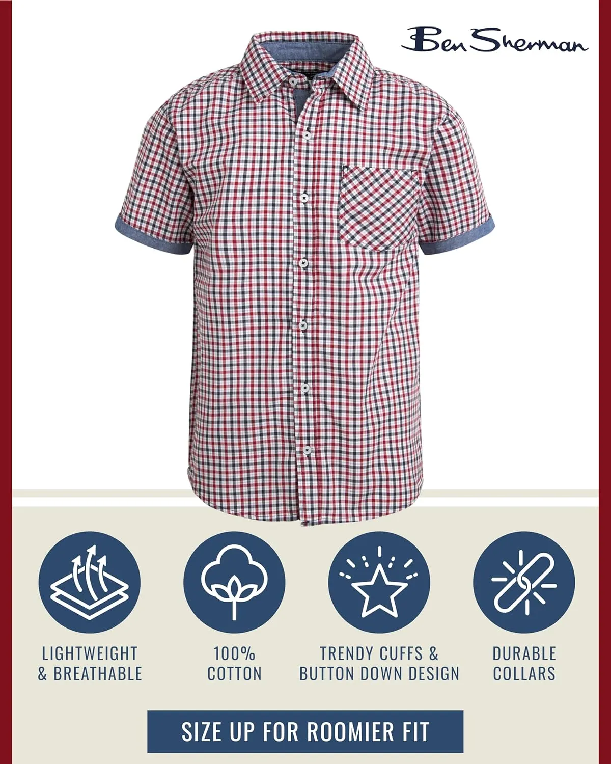 Ben Sherman Boys' Shirt - Short Sleeve Woven Button Down Shirt - Kids' Casual Collared Shirt for Boys (8-18)