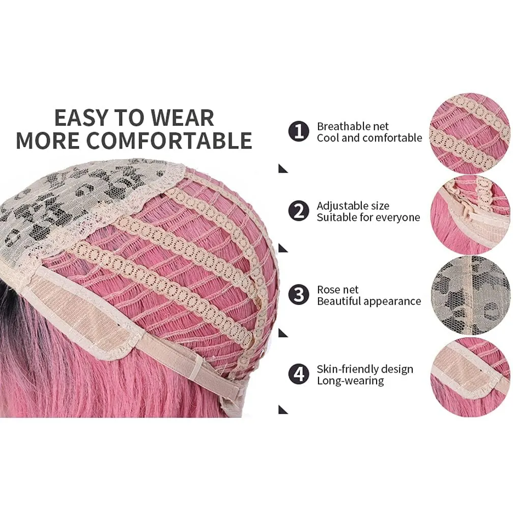 BERON 14 Inches Black Pink Ombre Wig with Bangs Short Curly Pink Wig for Women Daily Party Hairnet Include