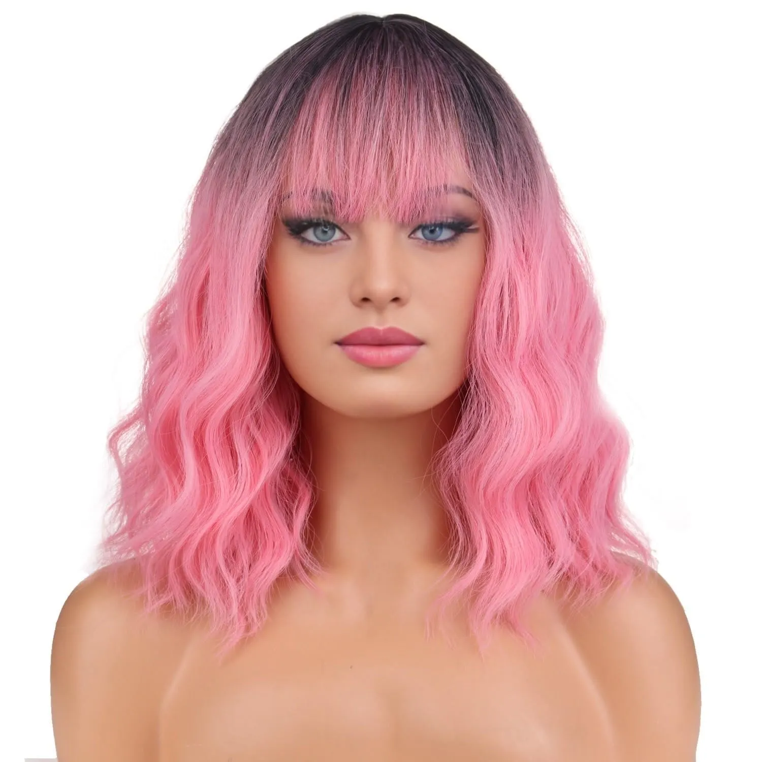 BERON 14 Inches Black Pink Ombre Wig with Bangs Short Curly Pink Wig for Women Daily Party Hairnet Include