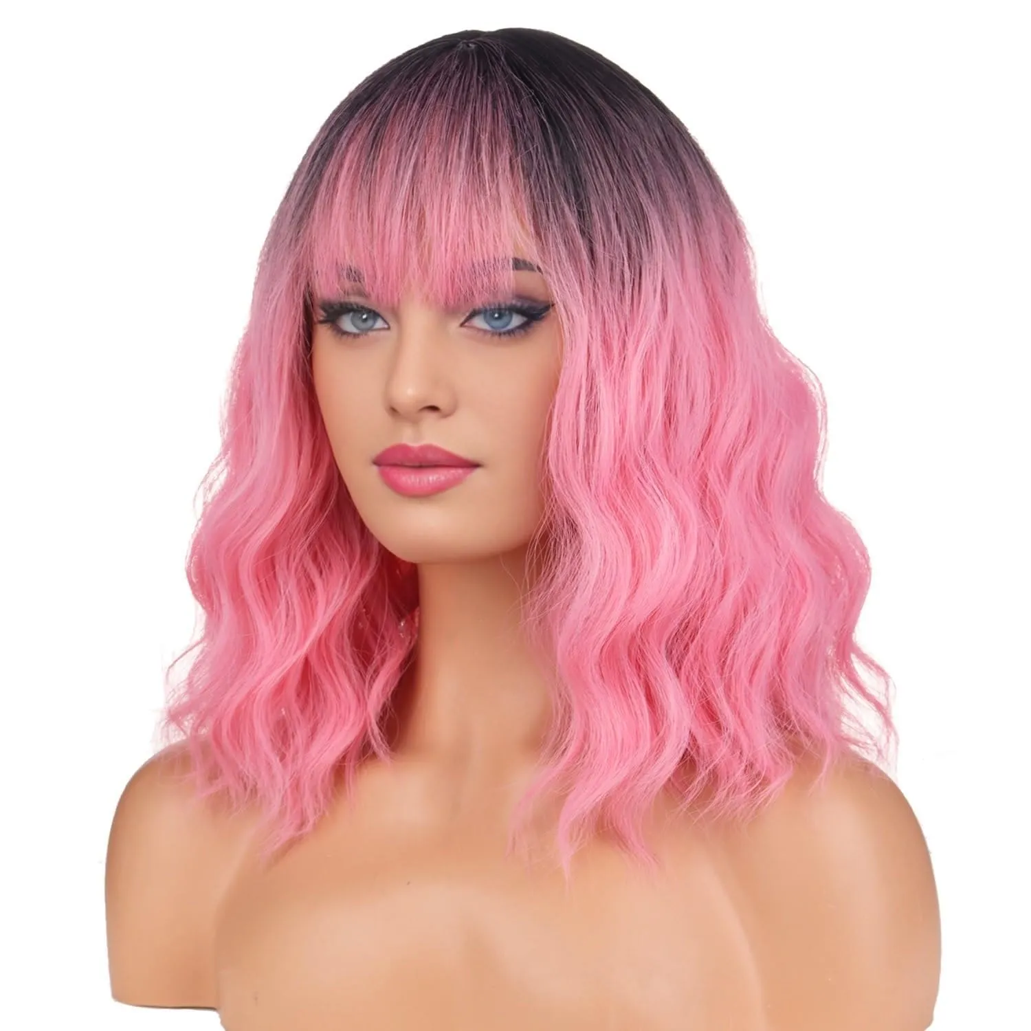 BERON 14 Inches Black Pink Ombre Wig with Bangs Short Curly Pink Wig for Women Daily Party Hairnet Include
