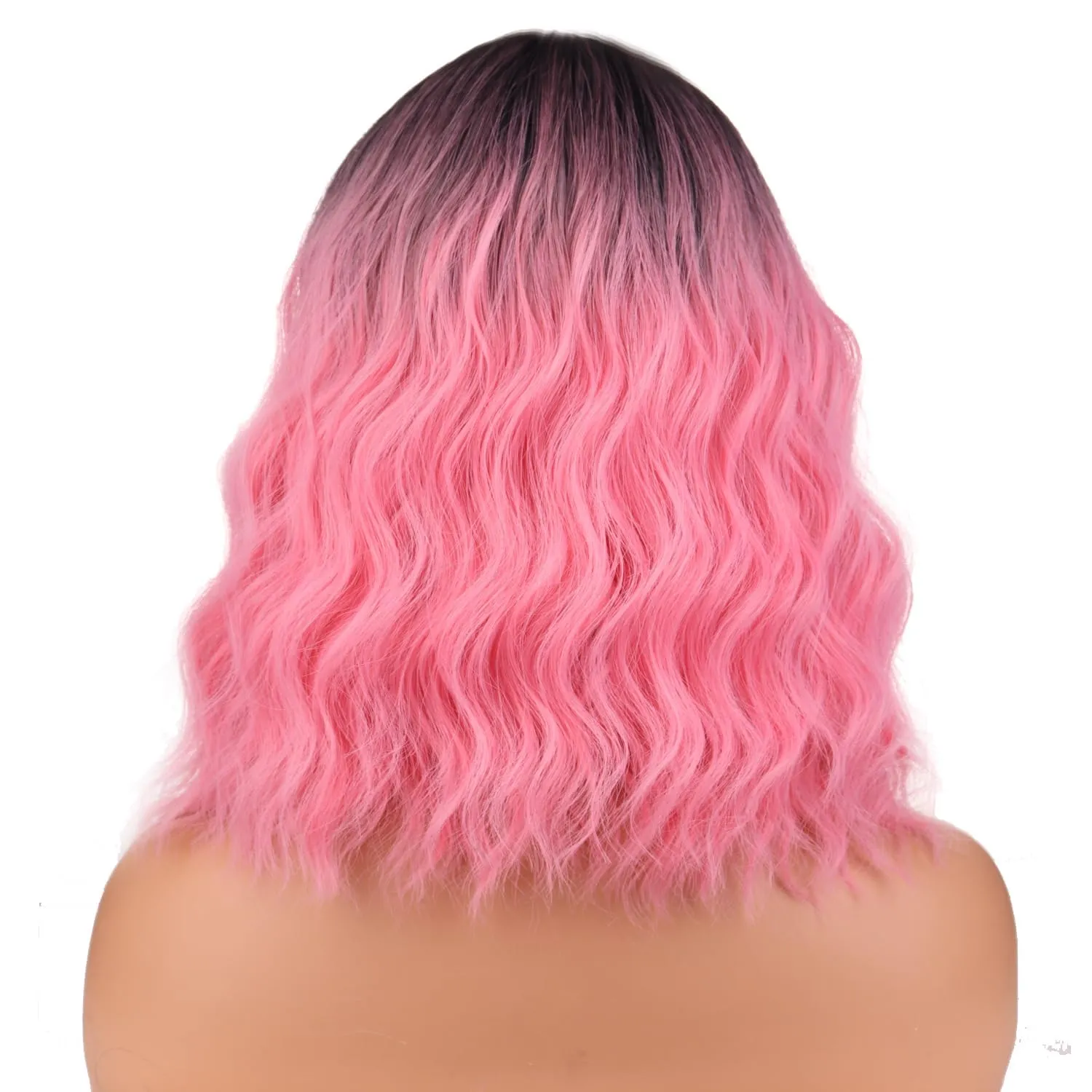 BERON 14 Inches Black Pink Ombre Wig with Bangs Short Curly Pink Wig for Women Daily Party Hairnet Include