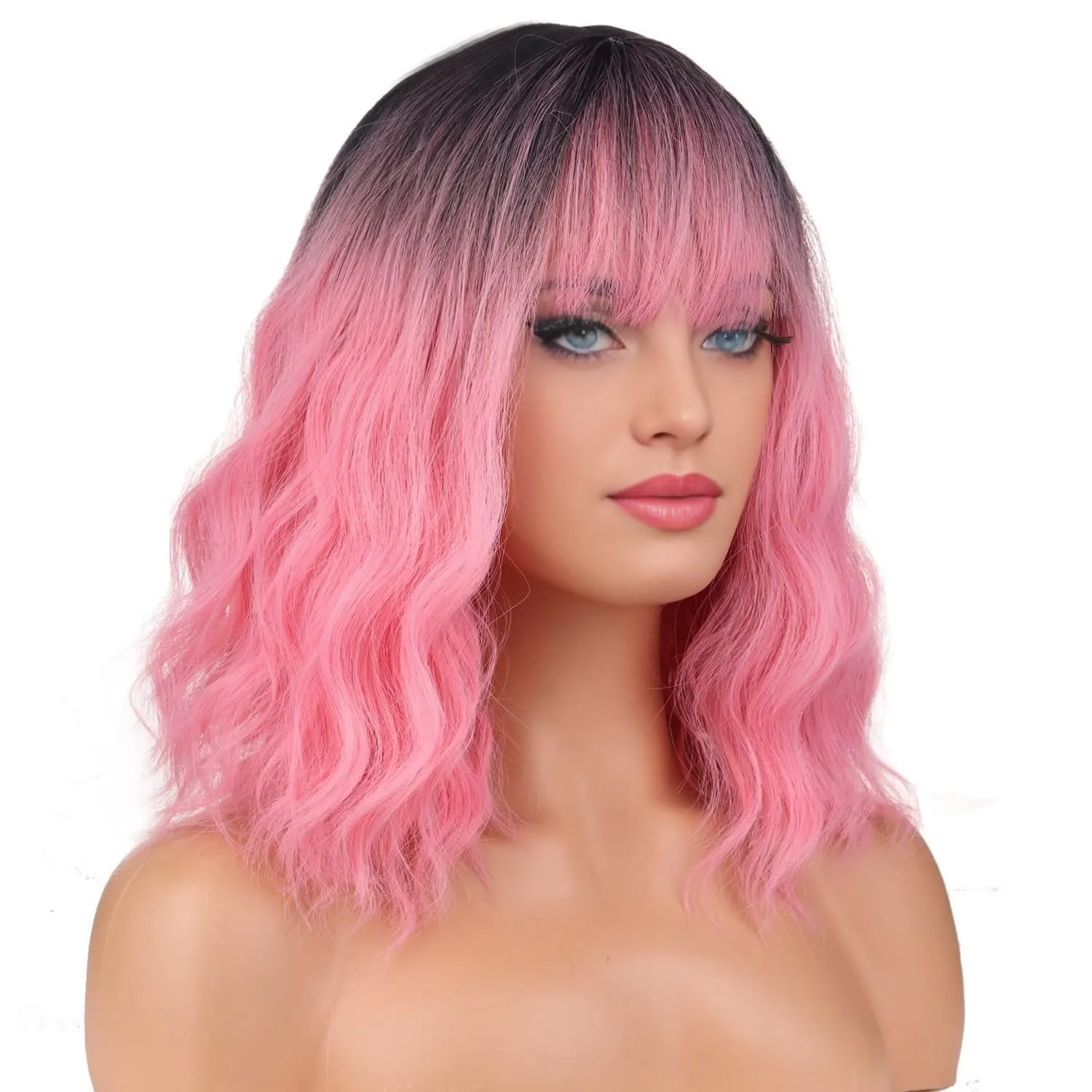 BERON 14 Inches Black Pink Ombre Wig with Bangs Short Curly Pink Wig for Women Daily Party Hairnet Include