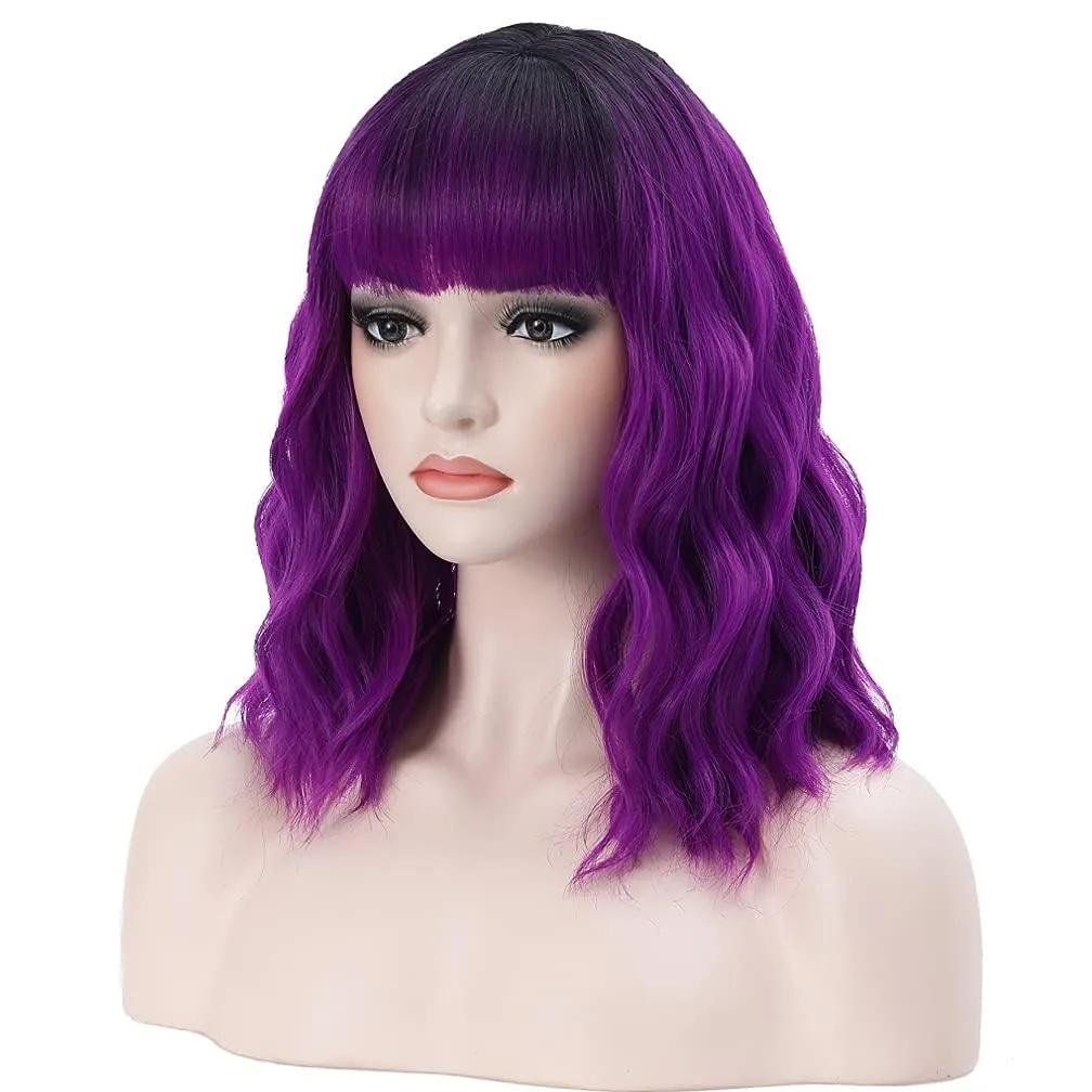 BERON 14 Inches Black Purple Ombre Wig with Bangs Short Curly Purple Wig for Women Daily Party Hairnet Include