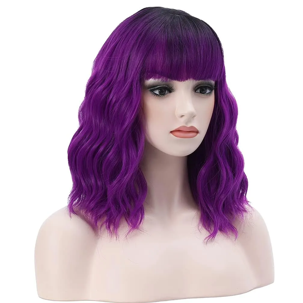 BERON 14 Inches Black Purple Ombre Wig with Bangs Short Curly Purple Wig for Women Daily Party Hairnet Include