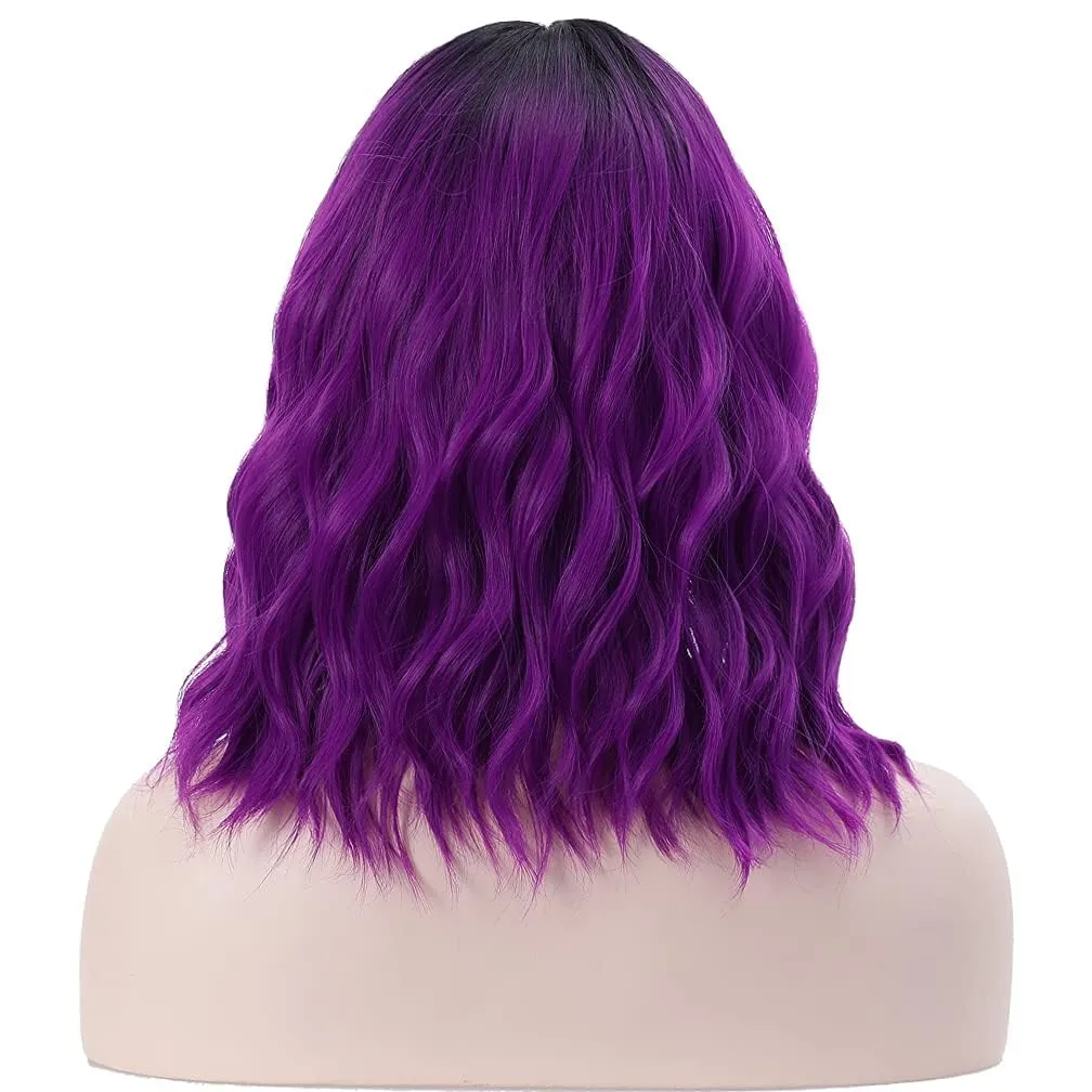 BERON 14 Inches Black Purple Ombre Wig with Bangs Short Curly Purple Wig for Women Daily Party Hairnet Include