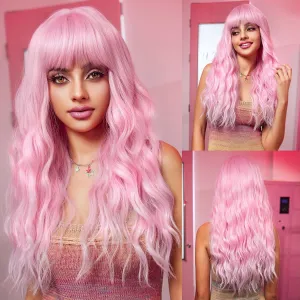 BERON 26 Inches Bubble Pink Wig Long Curly Black Mix Red Wig with Bangs for Women Daily Party Hairnet Include