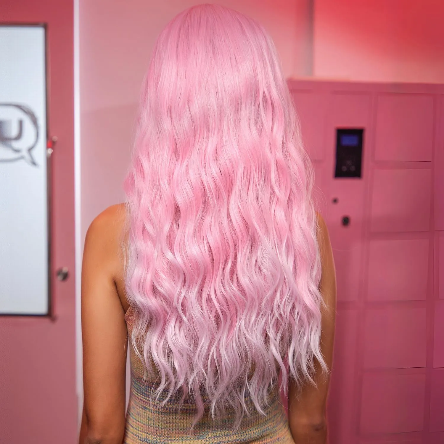 BERON 26 Inches Bubble Pink Wig Long Curly Black Mix Red Wig with Bangs for Women Daily Party Hairnet Include