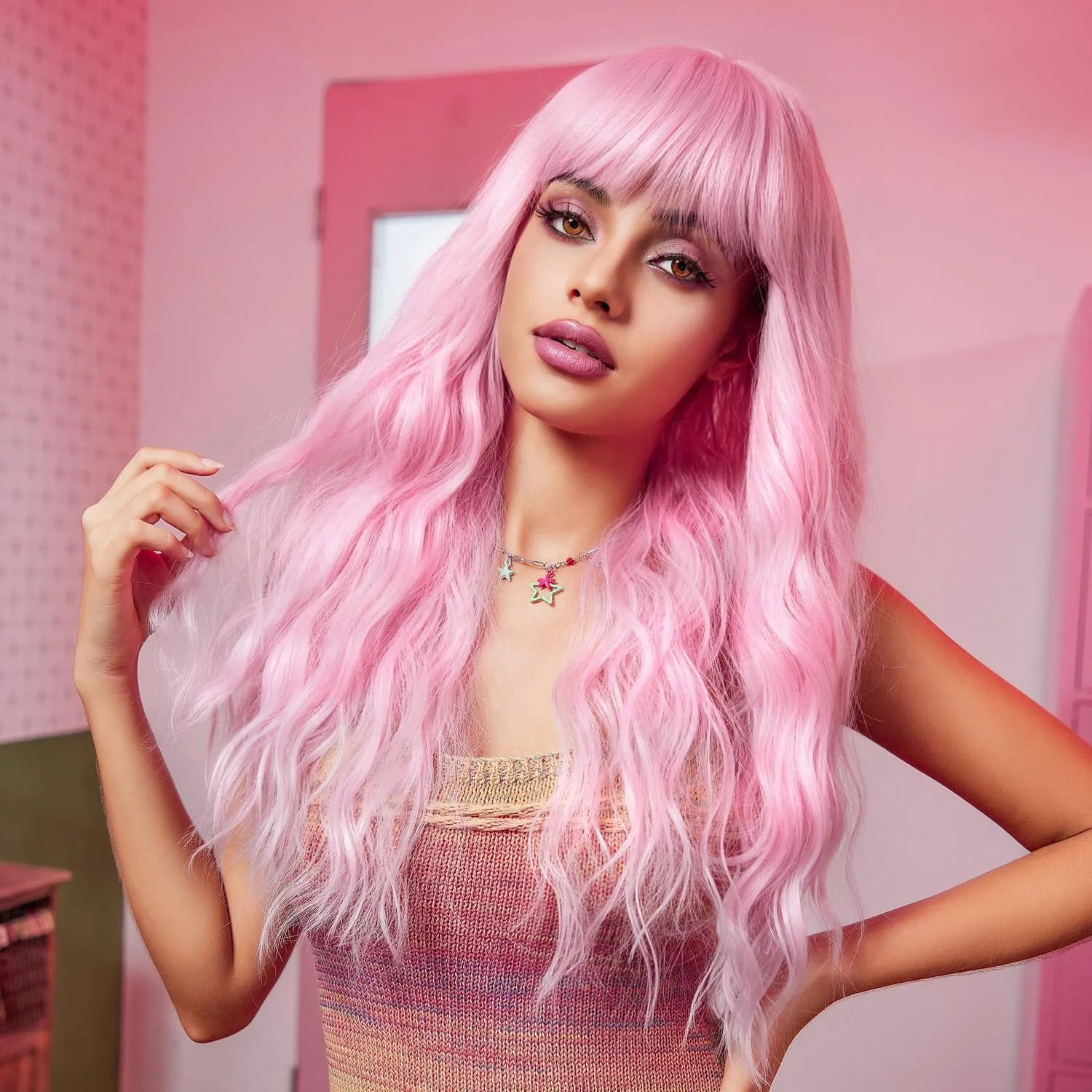 BERON 26 Inches Bubble Pink Wig Long Curly Black Mix Red Wig with Bangs for Women Daily Party Hairnet Include