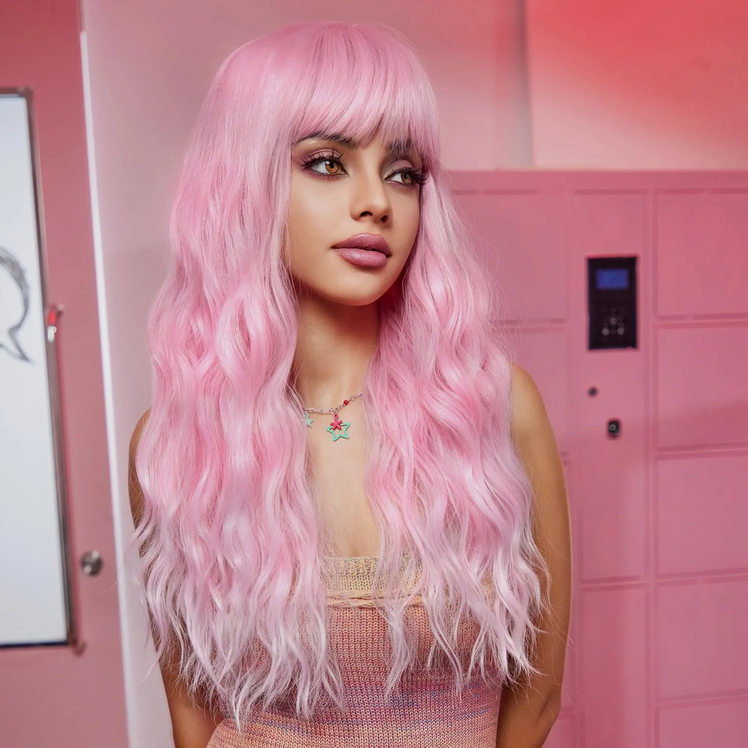 BERON 26 Inches Bubble Pink Wig Long Curly Black Mix Red Wig with Bangs for Women Daily Party Hairnet Include