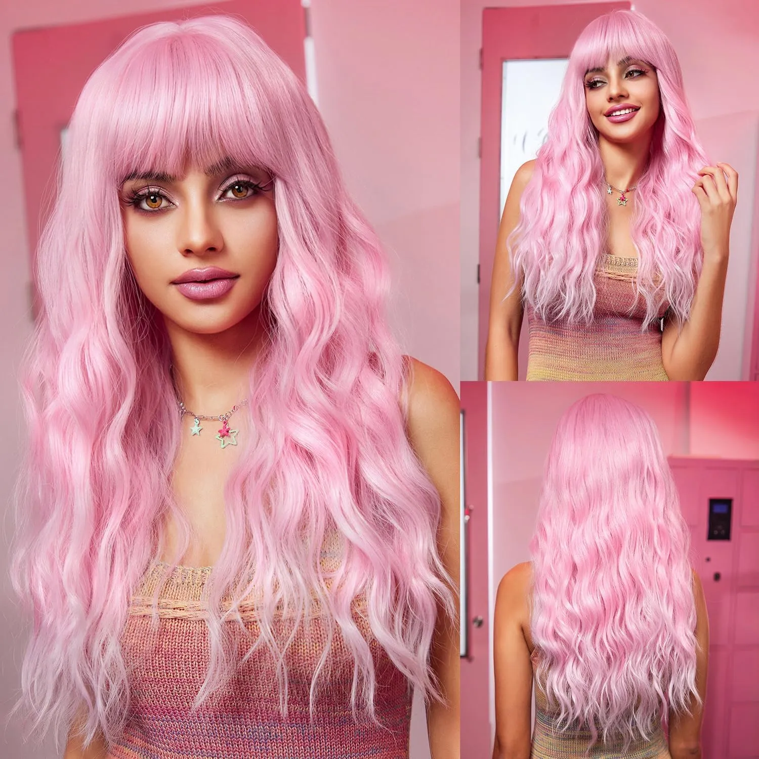 BERON 26 Inches Bubble Pink Wig Long Curly Black Mix Red Wig with Bangs for Women Daily Party Hairnet Include