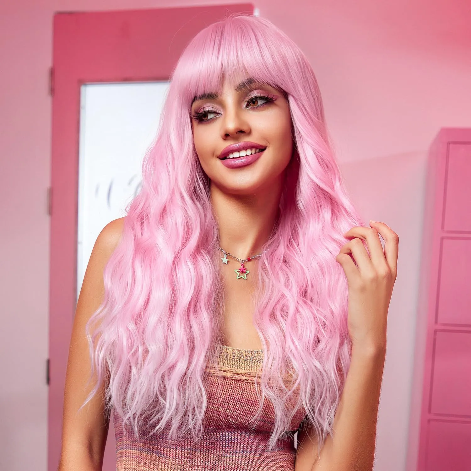 BERON 26 Inches Bubble Pink Wig Long Curly Black Mix Red Wig with Bangs for Women Daily Party Hairnet Include