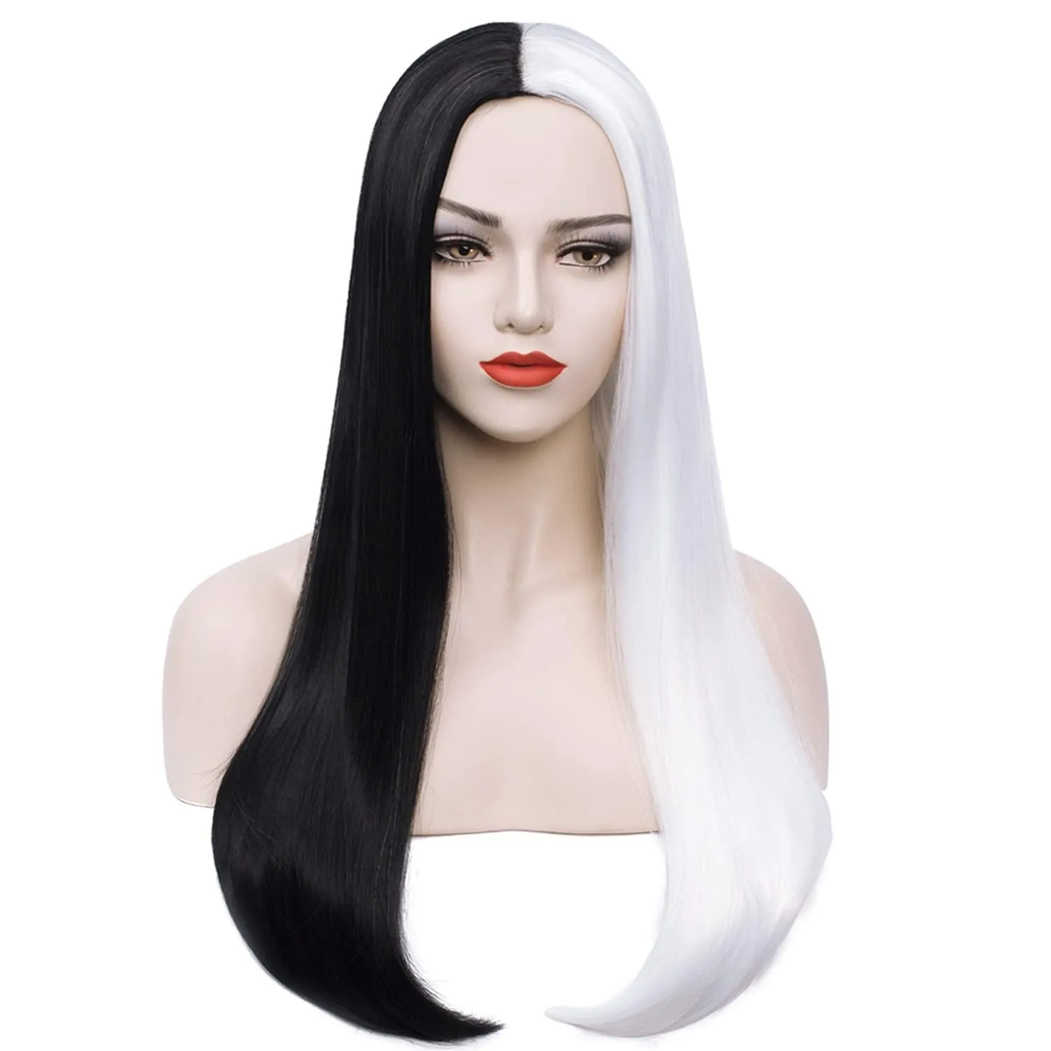 BERON 27 Inches Black White Wig Long Straight Wig Black Middle Part Wigs Long Wigs for Daily Party Hairnet Include