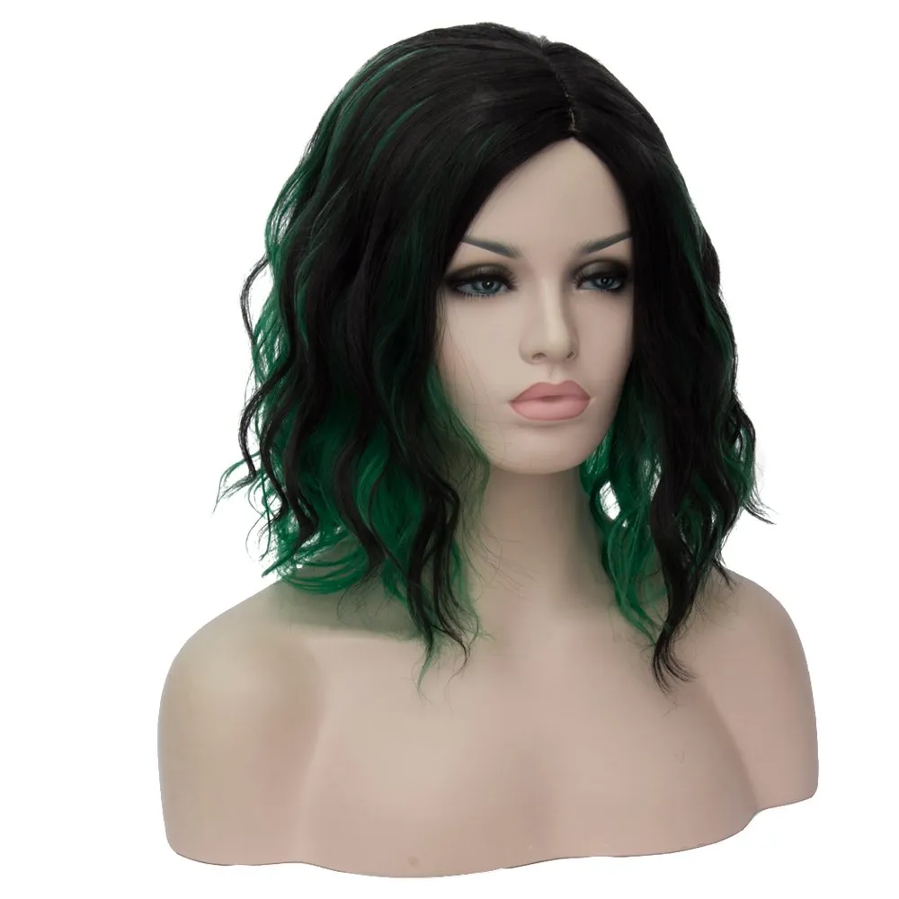 BERON Black and Green Wigs Women Short Curly Wavy Wig Girls Mixed Color Shoulder Length Side Part Halloween Cosplay Party or Daily Use Wig