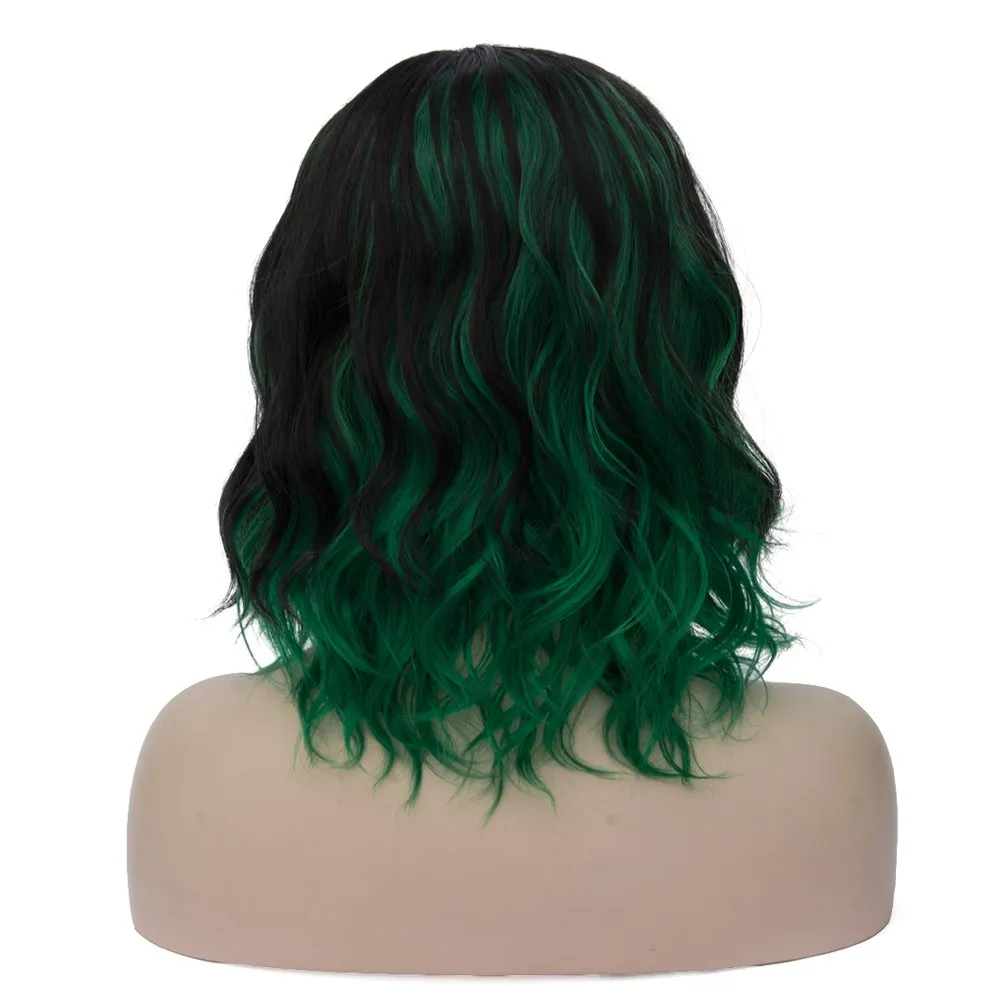 BERON Black and Green Wigs Women Short Curly Wavy Wig Girls Mixed Color Shoulder Length Side Part Halloween Cosplay Party or Daily Use Wig