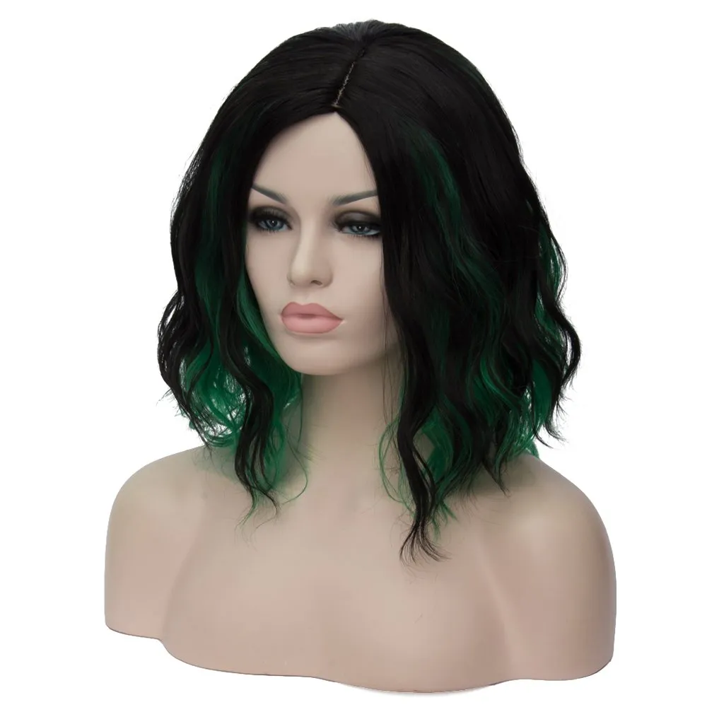 BERON Black and Green Wigs Women Short Curly Wavy Wig Girls Mixed Color Shoulder Length Side Part Halloween Cosplay Party or Daily Use Wig