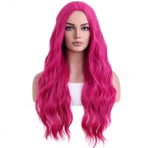 BERON Hot Pink Wigs Long Wavy Wig for Women Curly Heat Resistant Hair Wigs Halloween Cosplay Party with Wig Cap
