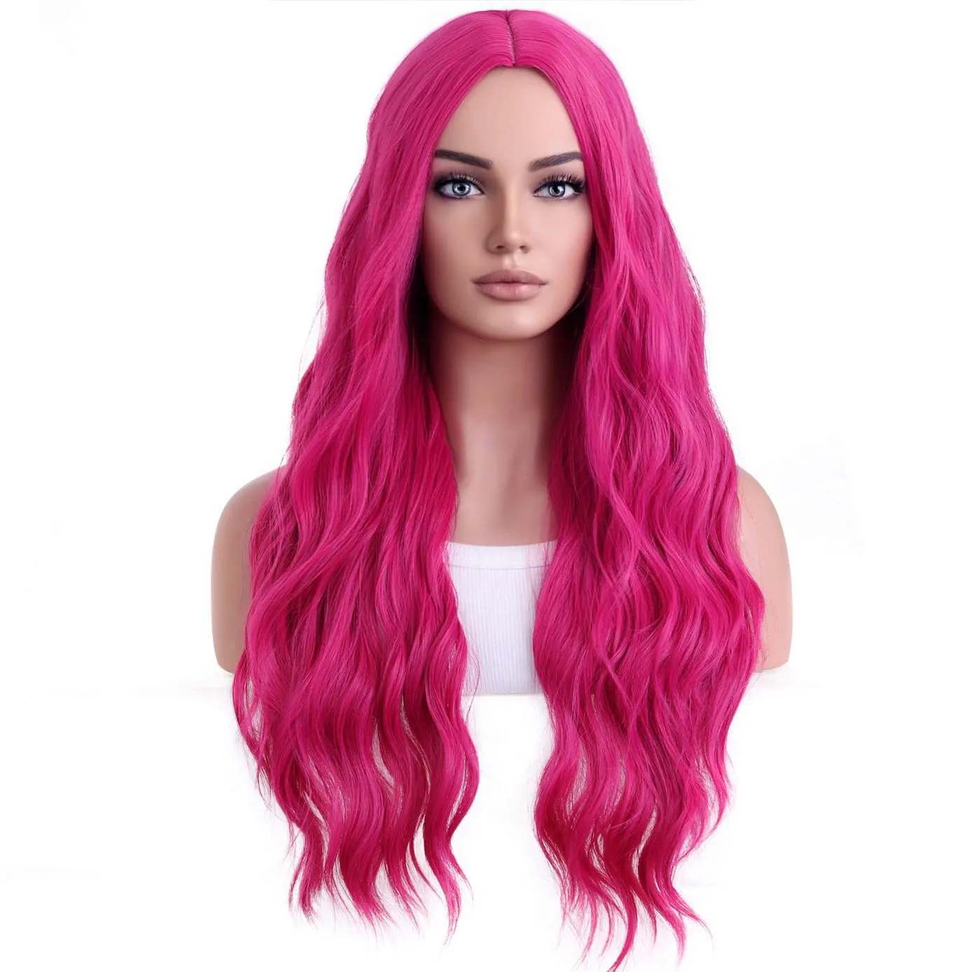 BERON Hot Pink Wigs Long Wavy Wig for Women Curly Heat Resistant Hair Wigs Halloween Cosplay Party with Wig Cap