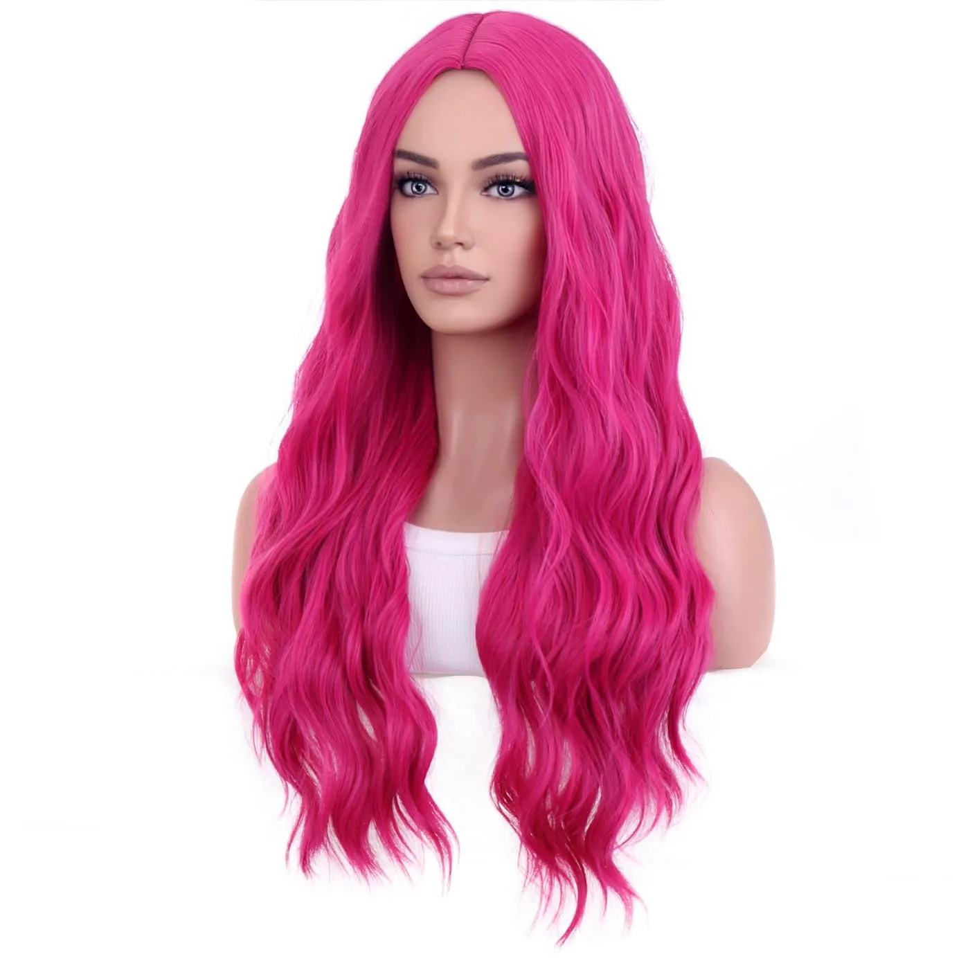 BERON Hot Pink Wigs Long Wavy Wig for Women Curly Heat Resistant Hair Wigs Halloween Cosplay Party with Wig Cap