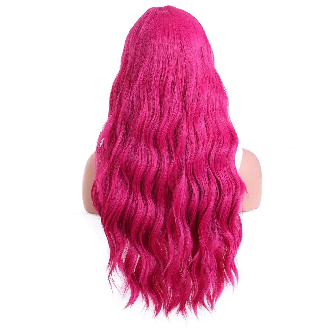BERON Hot Pink Wigs Long Wavy Wig for Women Curly Heat Resistant Hair Wigs Halloween Cosplay Party with Wig Cap