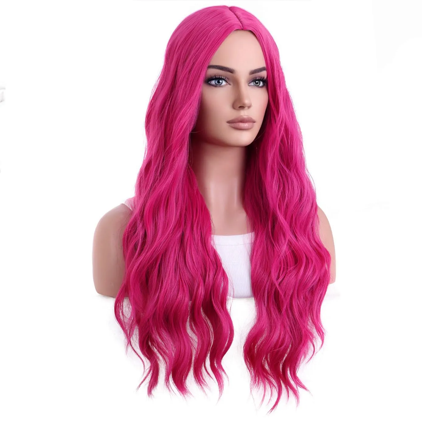 BERON Hot Pink Wigs Long Wavy Wig for Women Curly Heat Resistant Hair Wigs Halloween Cosplay Party with Wig Cap