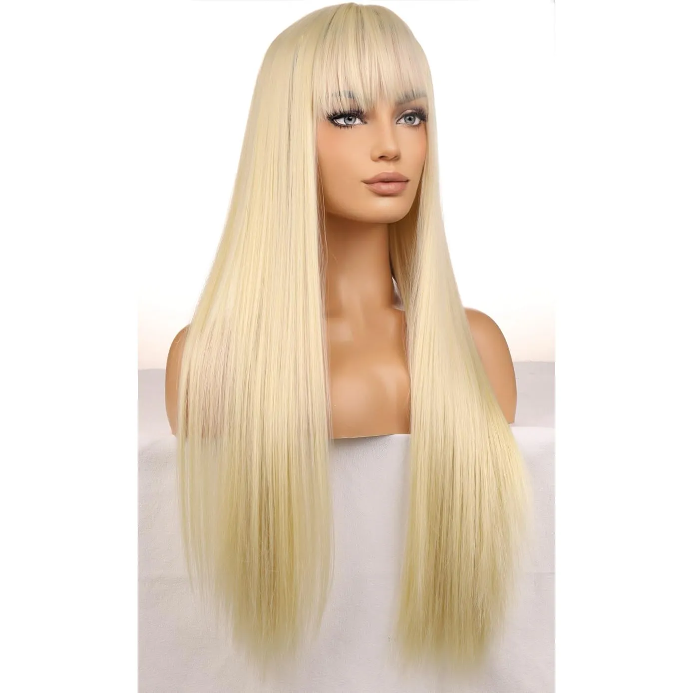 BERON Light Blonde Wigs Straight Long Hair Wigs with Bangs Women Fashion Heat Resistant Synthetic Natural Looking Wig for Cosplay Party or Daily Use