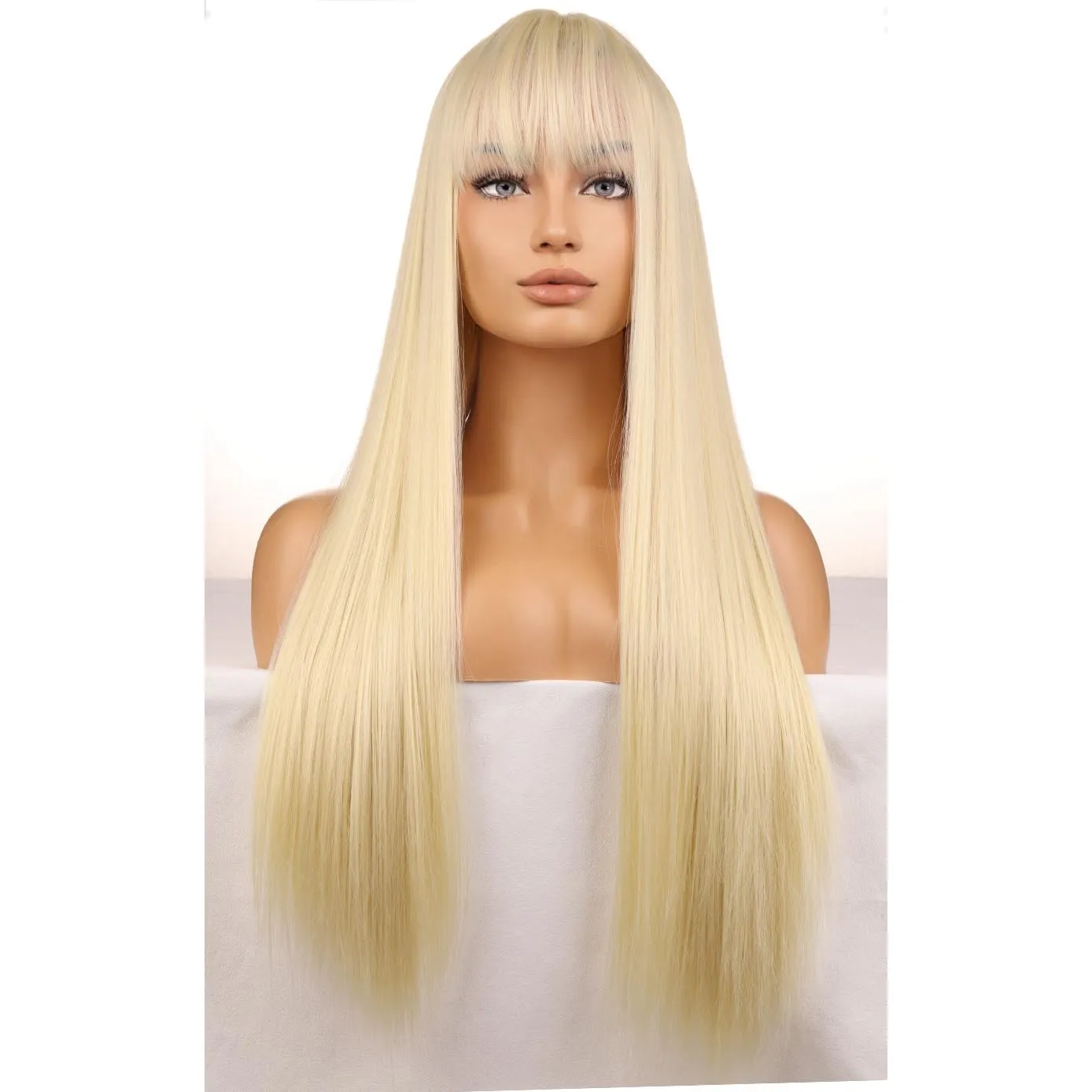 BERON Light Blonde Wigs Straight Long Hair Wigs with Bangs Women Fashion Heat Resistant Synthetic Natural Looking Wig for Cosplay Party or Daily Use