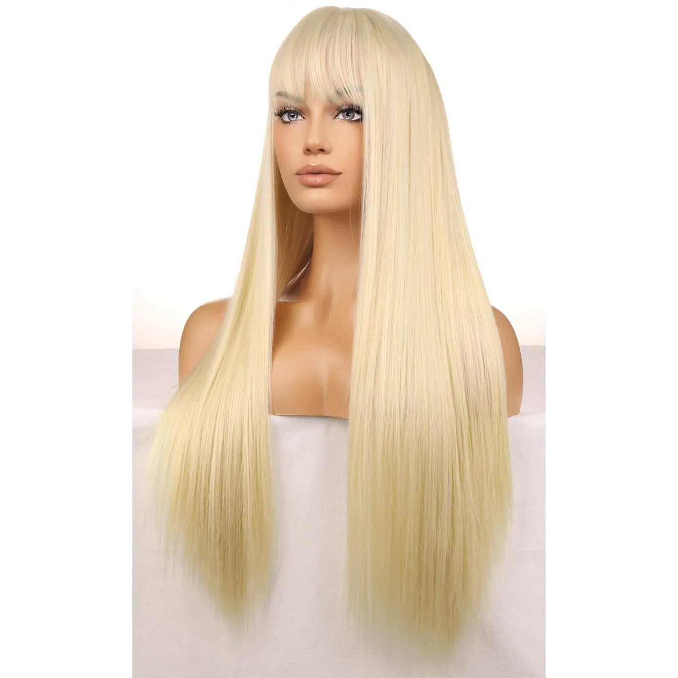 BERON Light Blonde Wigs Straight Long Hair Wigs with Bangs Women Fashion Heat Resistant Synthetic Natural Looking Wig for Cosplay Party or Daily Use