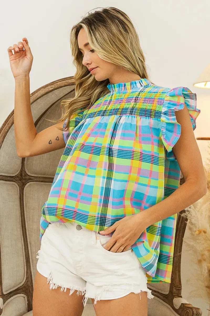 BiBi Multi Color Check Plaid Woven Top