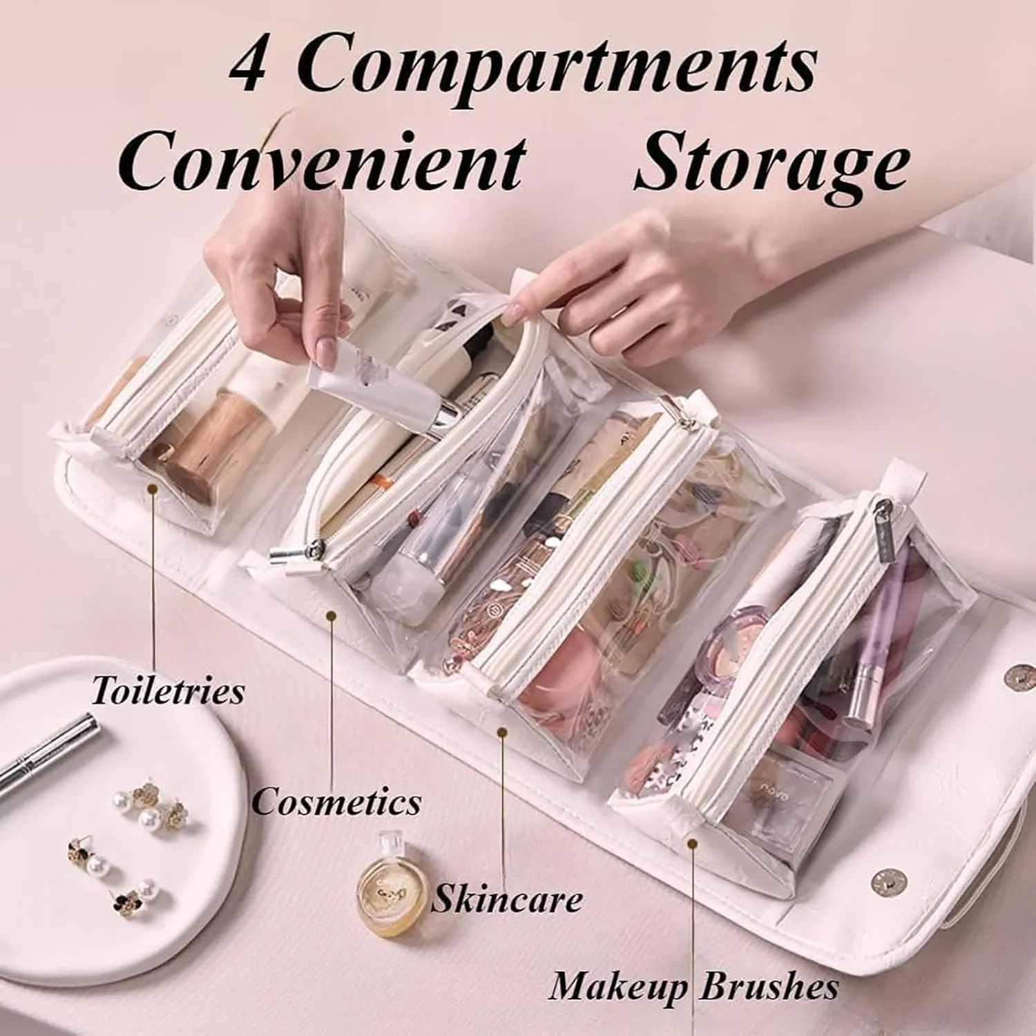 Binozinco Cosmetic Bag, Basic-Chic Makeup Bagwith Clear Divider and Handle, Leather Waterproof Cosmetic Bag, Player Travel Cosmetic Bag, Portable Hanging PU Leather Makeup with Compartment (2*C)