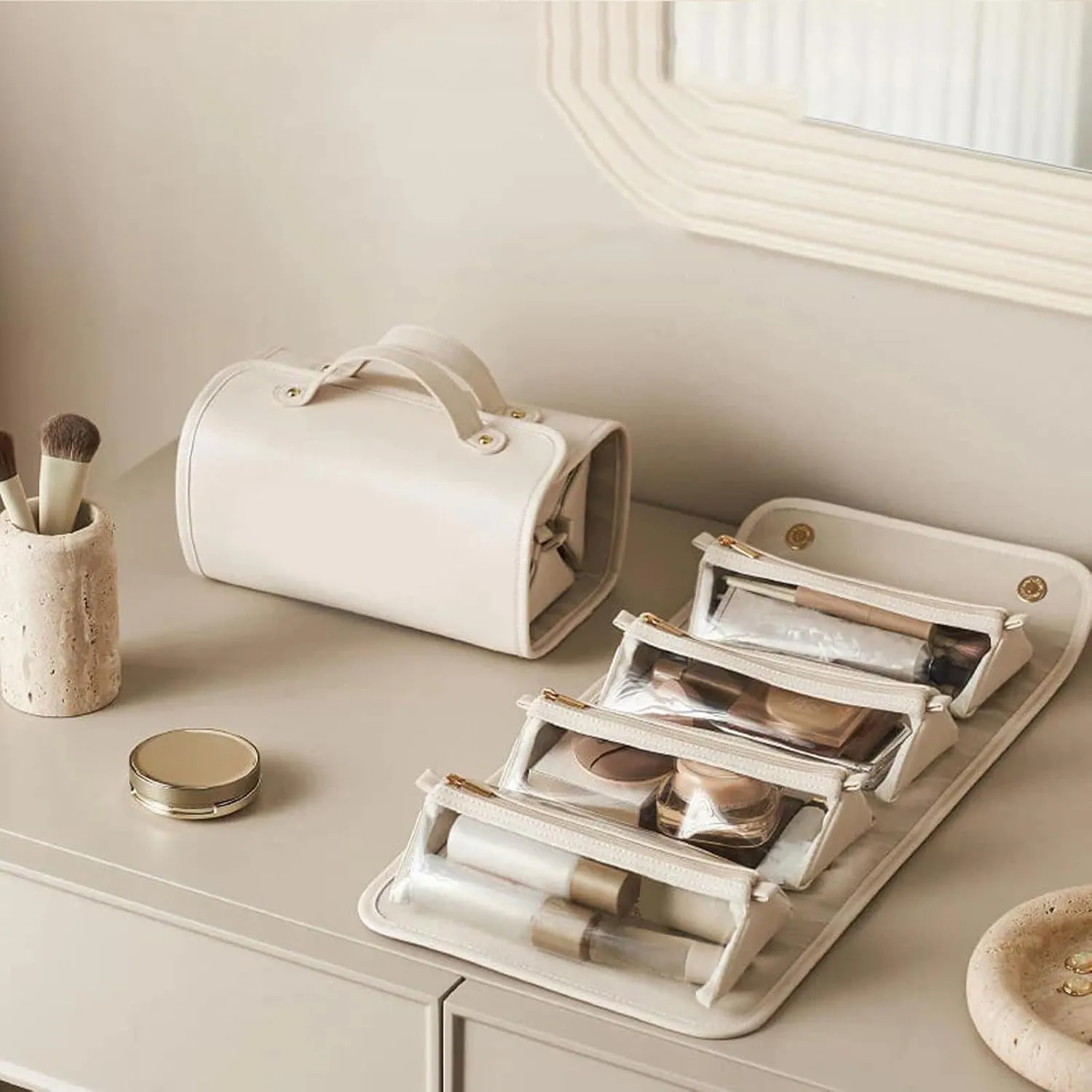 Binozinco Cosmetic Bag, Basic-Chic Makeup Bagwith Clear Divider and Handle, Leather Waterproof Cosmetic Bag, Player Travel Cosmetic Bag, Portable Hanging PU Leather Makeup with Compartment (2*C)