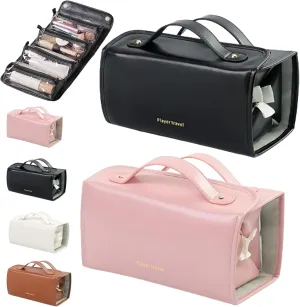 Binozinco Cosmetic Bag, Basic-Chic Makeup Bagwith Clear Divider and Handle, Leather Waterproof Cosmetic Bag, Player Travel Cosmetic Bag, Portable Hanging PU Leather Makeup with Compartment (2*C)