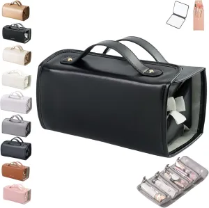 Binozinco Cosmetic Bag, Leather Waterproof Cosmetic Bag Detachable 4 In 1, Large Capacity Cosmetic Travel Bag for Women, Roll Up Portable Makeup Bag with Divider and Handle for Makeup Nail (Black-A)