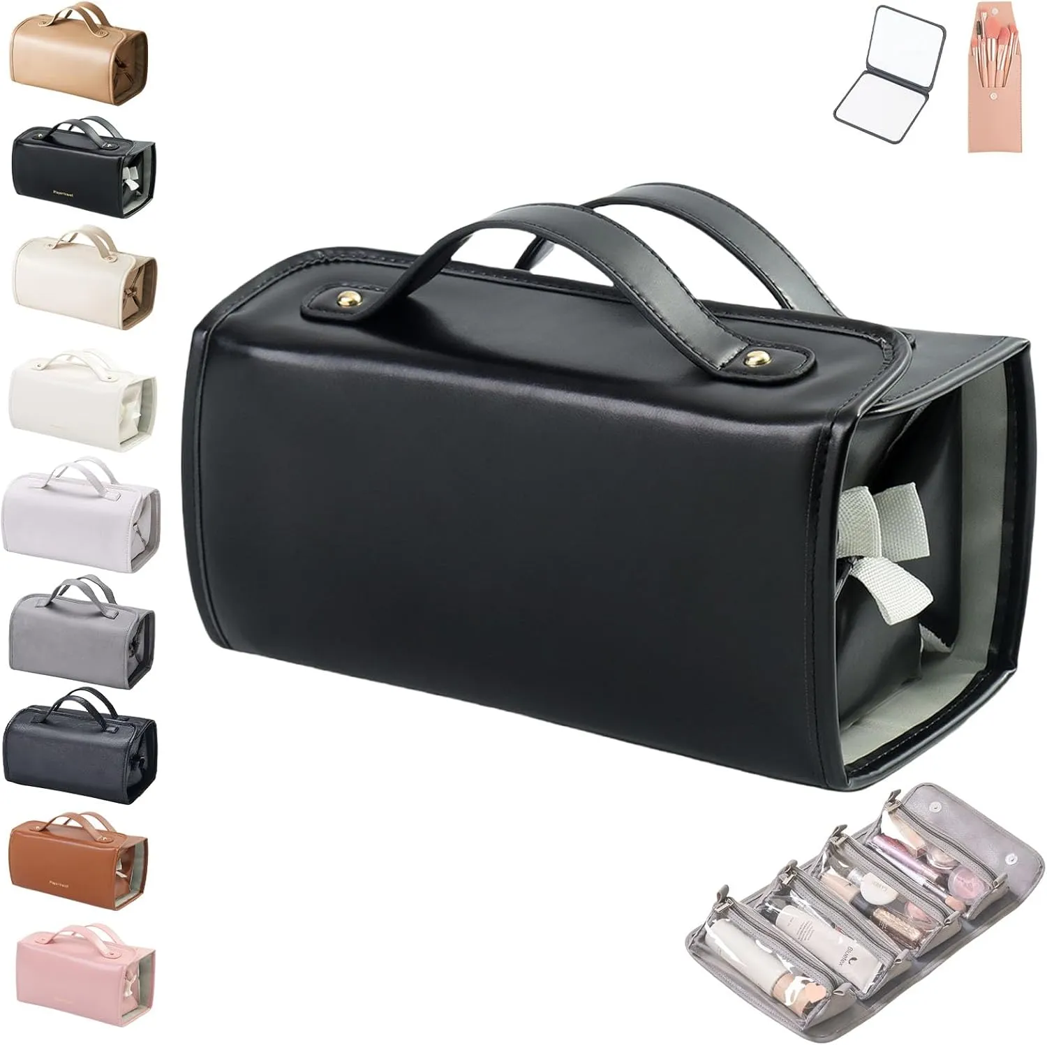 Binozinco Cosmetic Bag, Leather Waterproof Cosmetic Bag Detachable 4 In 1, Large Capacity Cosmetic Travel Bag for Women, Roll Up Portable Makeup Bag with Divider and Handle for Makeup Nail (Black-A)