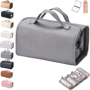 Binozinco Cosmetic Bag, Leather Waterproof Cosmetic Bag Detachable 4 In 1, Large Capacity Cosmetic Travel Bag for Women, Roll Up Portable Makeup Bag with Divider and Handle for Makeup Nail (Gray)