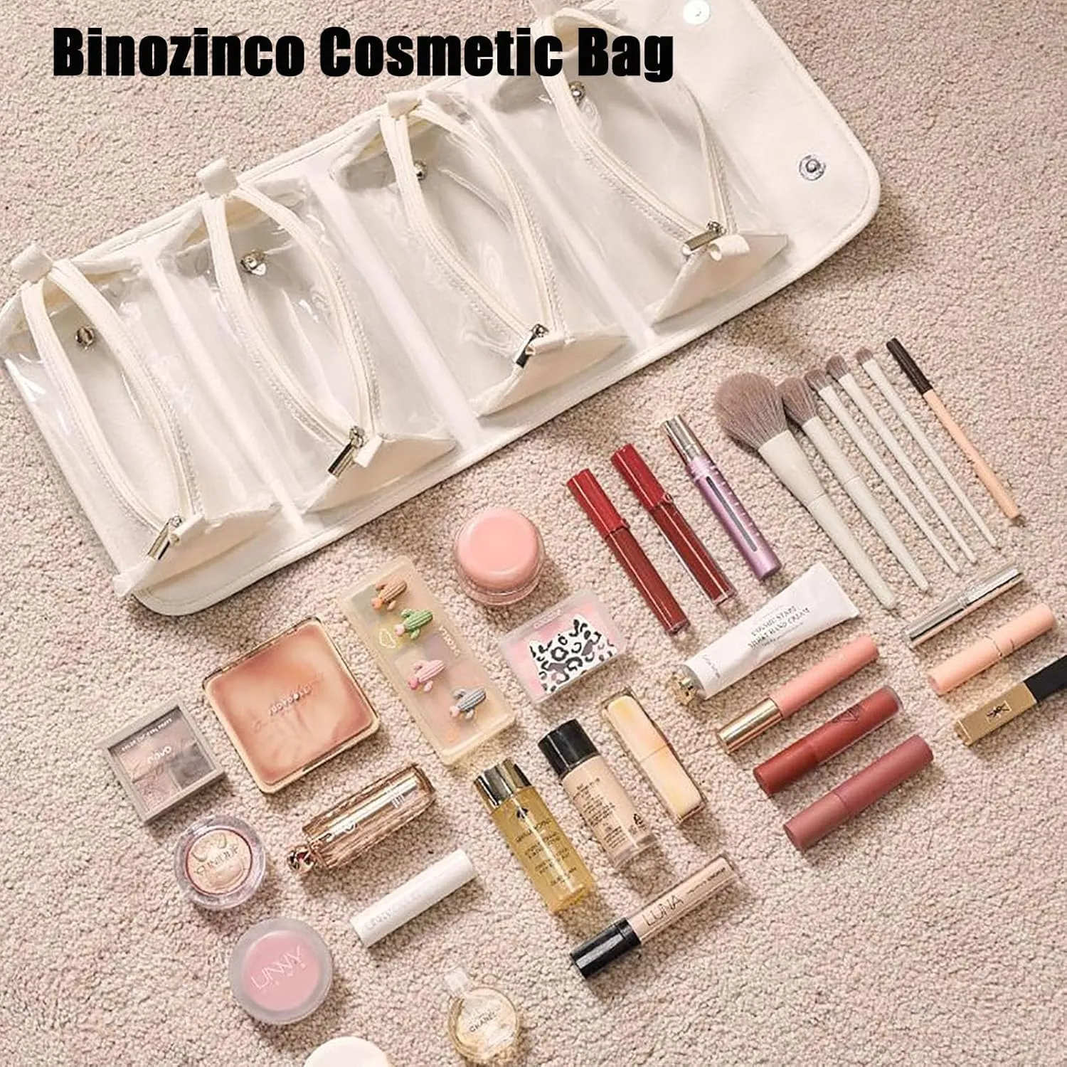 Binozinco Cosmetic Bag, Leather Waterproof Cosmetic Bag Detachable 4 In 1, Large Capacity Cosmetic Travel Bag for Women, Roll Up Portable Makeup Bag with Divider and Handle for Makeup Nail (Gray)