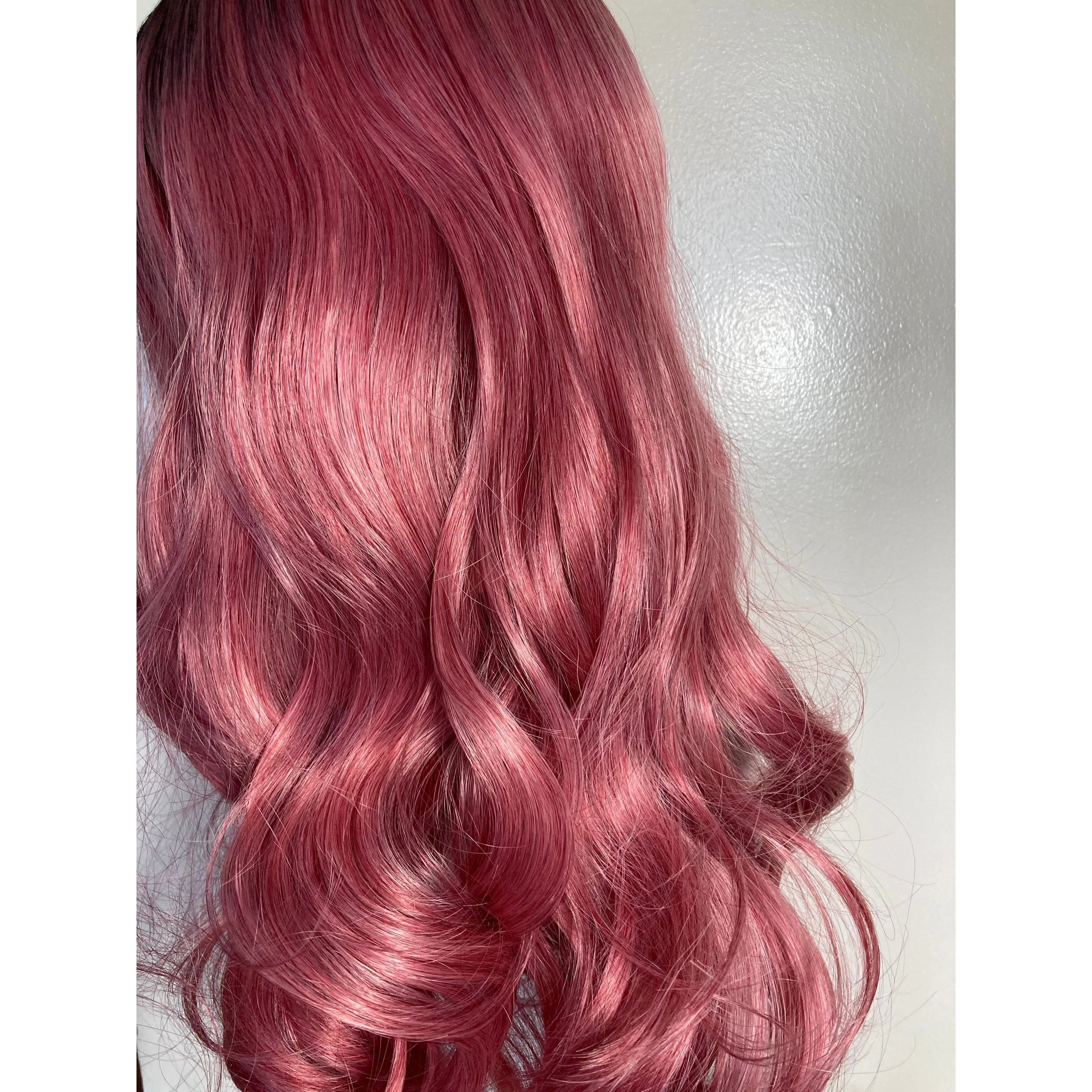 Black Root Pink Long Curly Wig