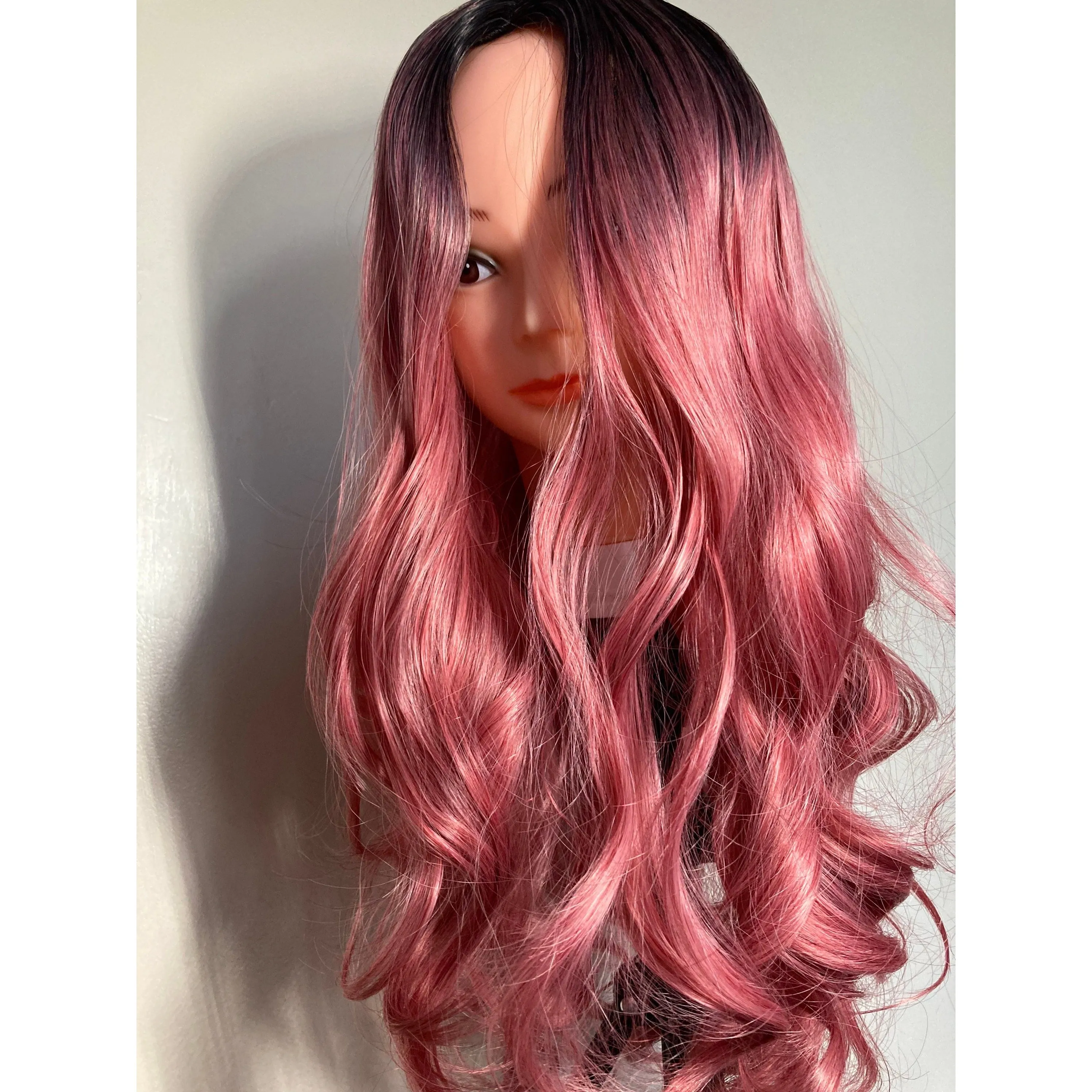 Black Root Pink Long Curly Wig