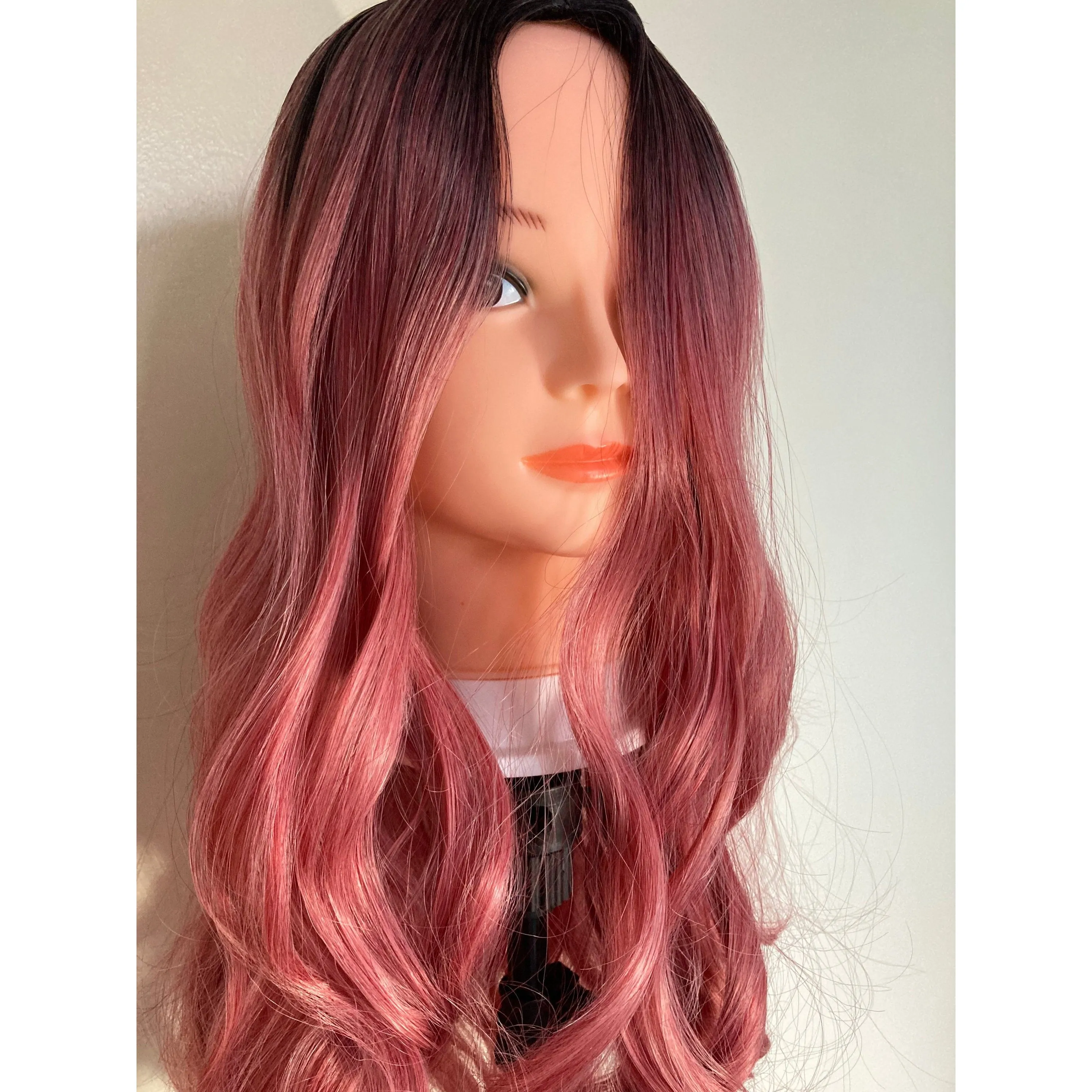 Black Root Pink Long Curly Wig