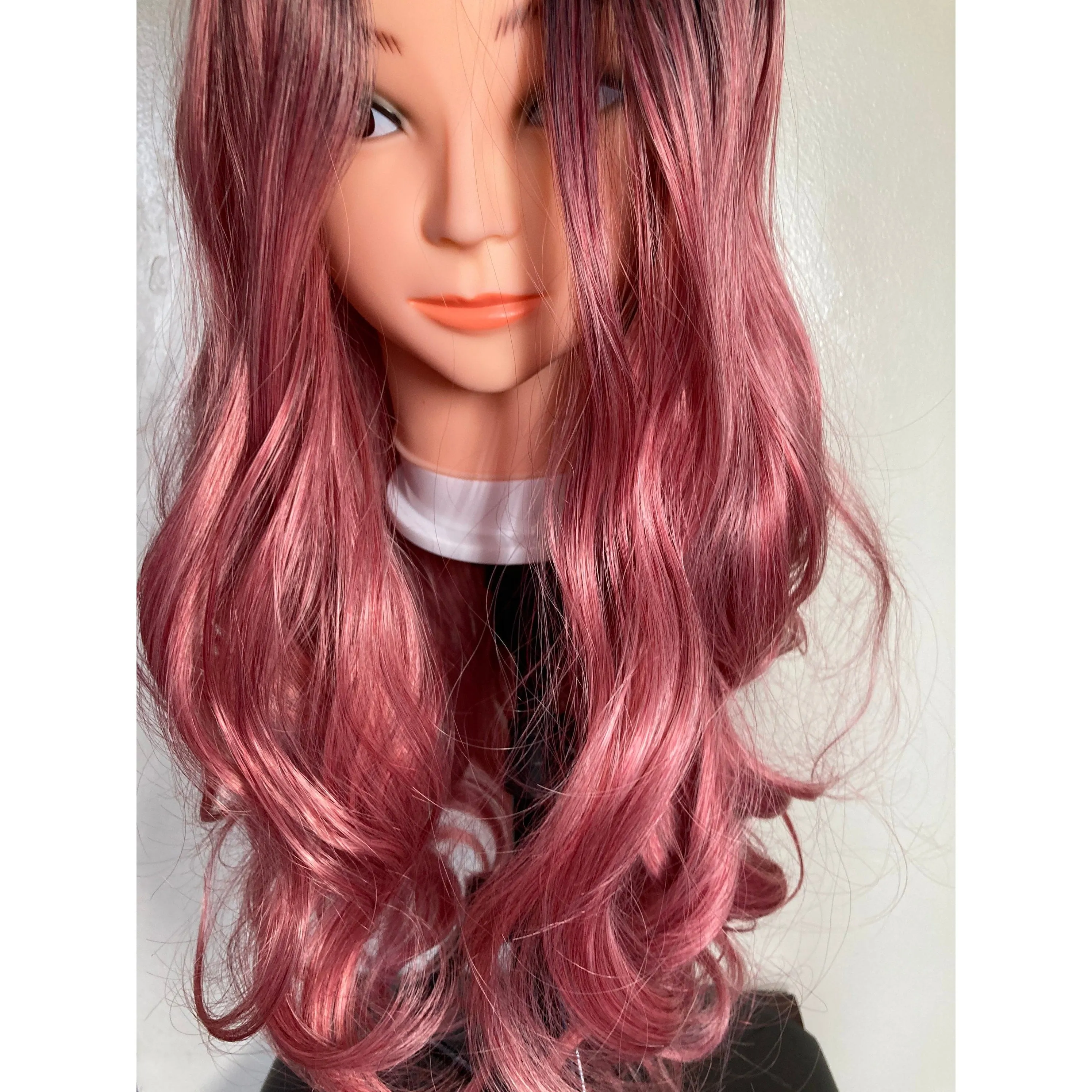 Black Root Pink Long Curly Wig