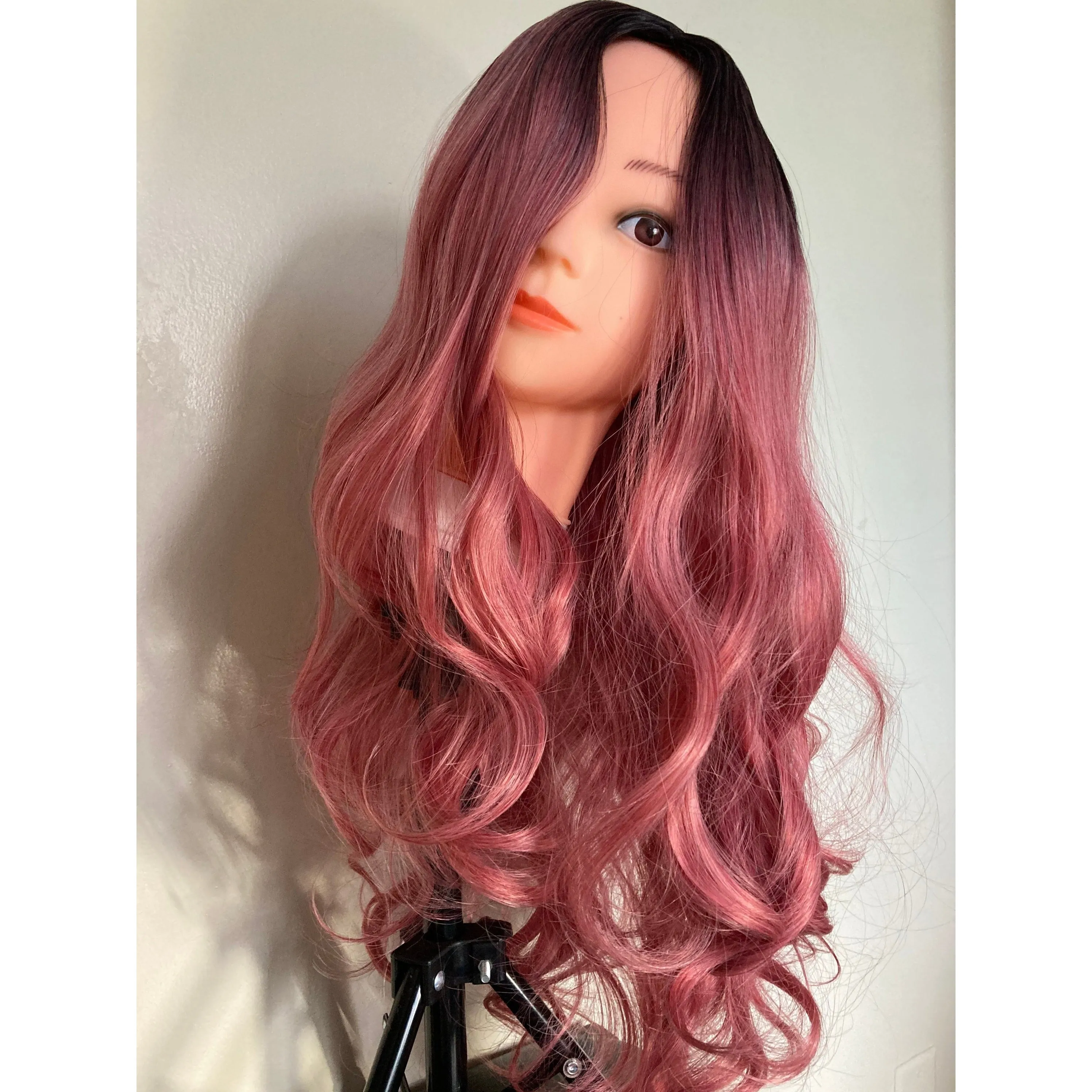 Black Root Pink Long Curly Wig