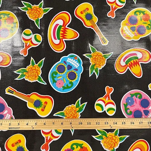 Black Sugar Skull Oilcloth Fabric - Reorderable