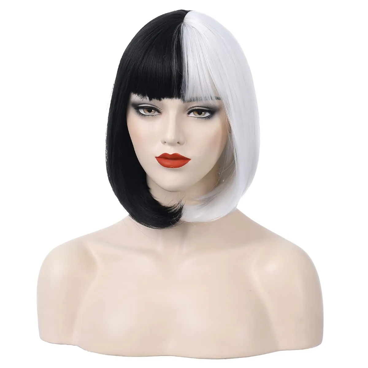 Black White Bob Wig Short Straight Wig with Bangs Two Color Bob Wig for Women and Girls Synthetic Wig (Black White)