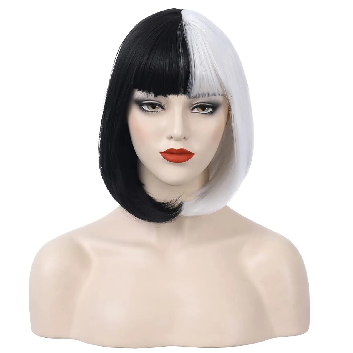 Black White Bob Wig Short Straight Wig with Bangs Two Color Bob Wig for Women and Girls Synthetic Wig (Black White)
