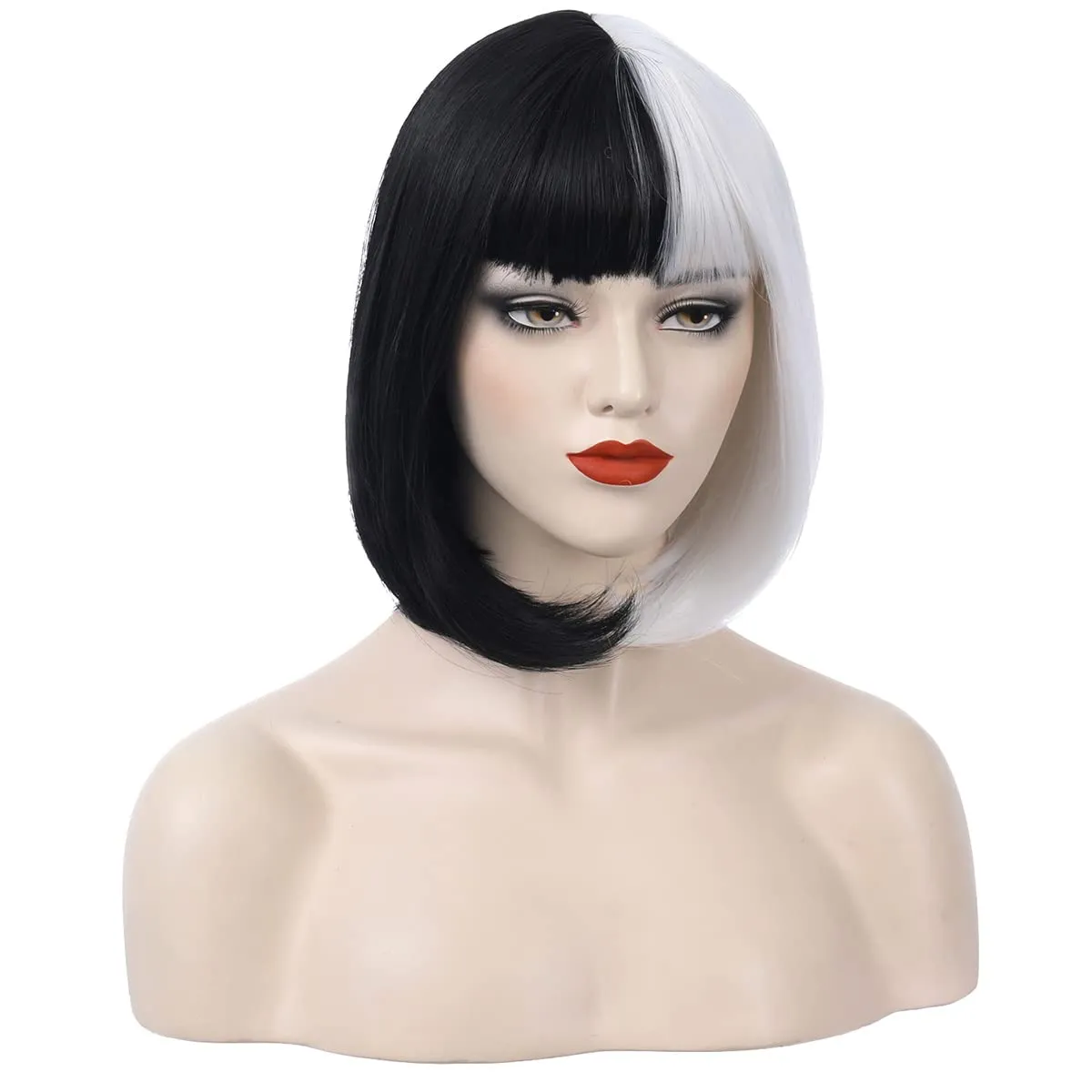 Black White Bob Wig Short Straight Wig with Bangs Two Color Bob Wig for Women and Girls Synthetic Wig (Black White)