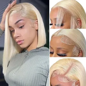 Blonde Bob Wig Human Hair 180% Density 613 Straight 12 Inch Short Bob Wigs 13x6 HD Transparent Lace Front Wigs Human Hair Pre Plucked With Baby Hair Glueless 613 Blonde Lace Frontal Wigs For Wome