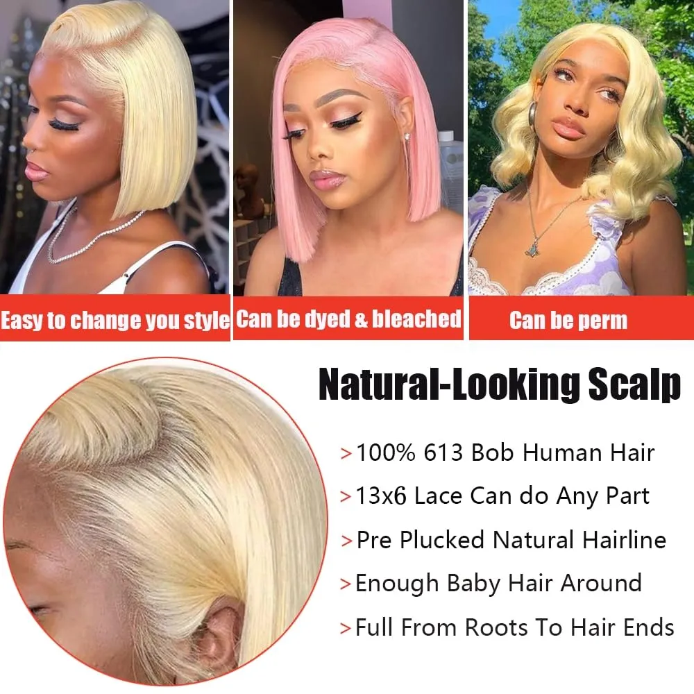 Blonde Bob Wig Human Hair 180% Density 613 Straight 12 Inch Short Bob Wigs 13x6 HD Transparent Lace Front Wigs Human Hair Pre Plucked With Baby Hair Glueless 613 Blonde Lace Frontal Wigs For Wome