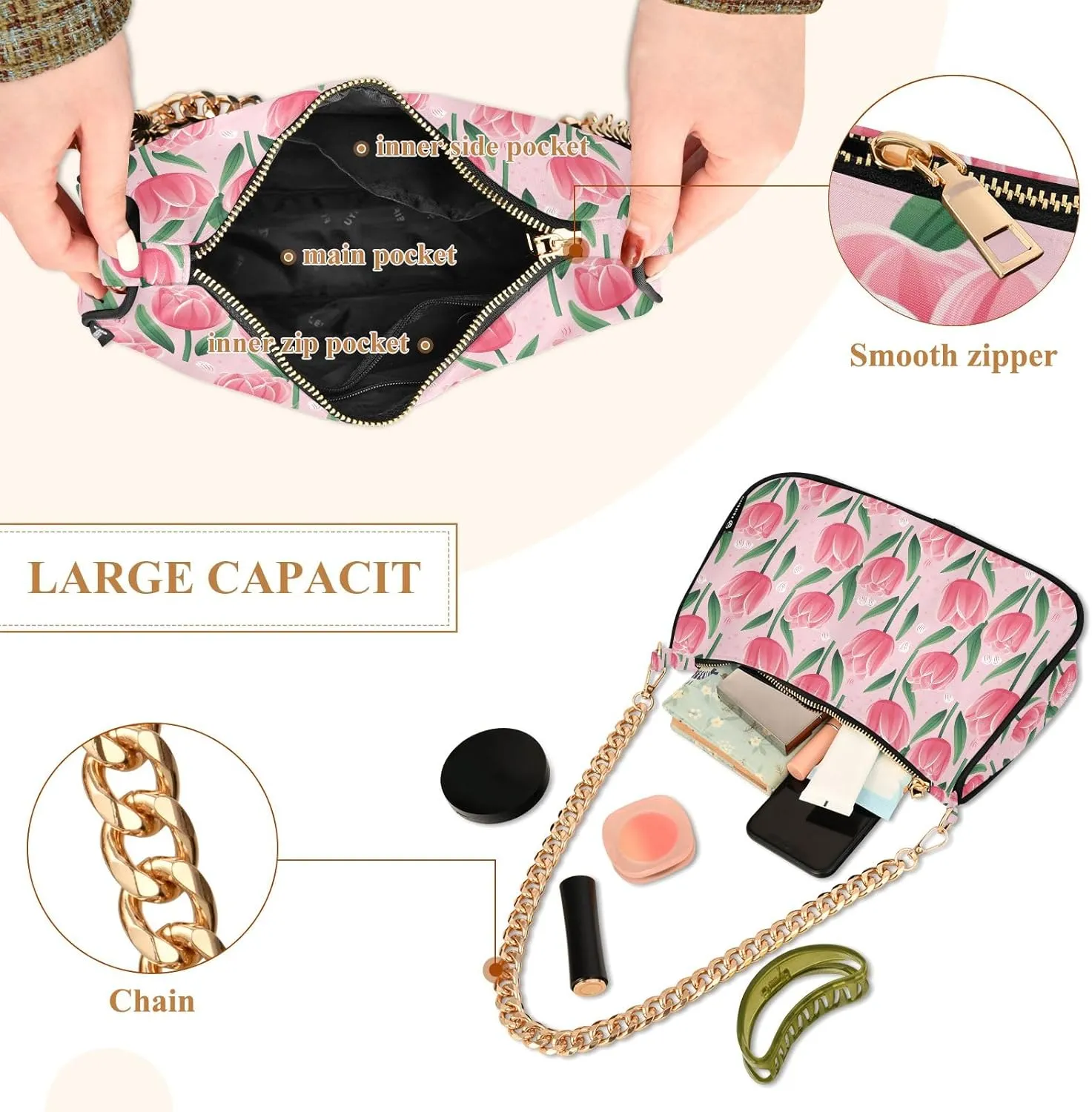 Blooming White Daisies Flowers Clutch Shoulder Bag for Women, Hobo Tote Handbag with Gold Chain